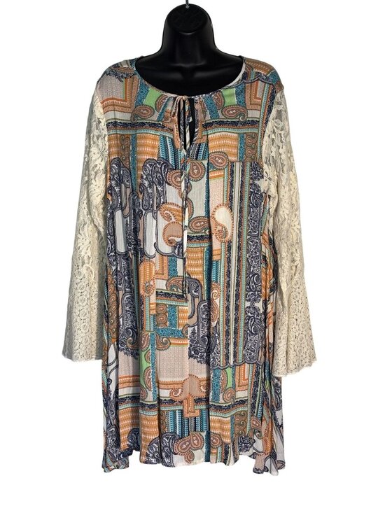 Umgee USA Dresses & Skirts - Umgee USA Womens Boho Tunic Dress With Lace Bell Sleeves & Paisley Patchwork